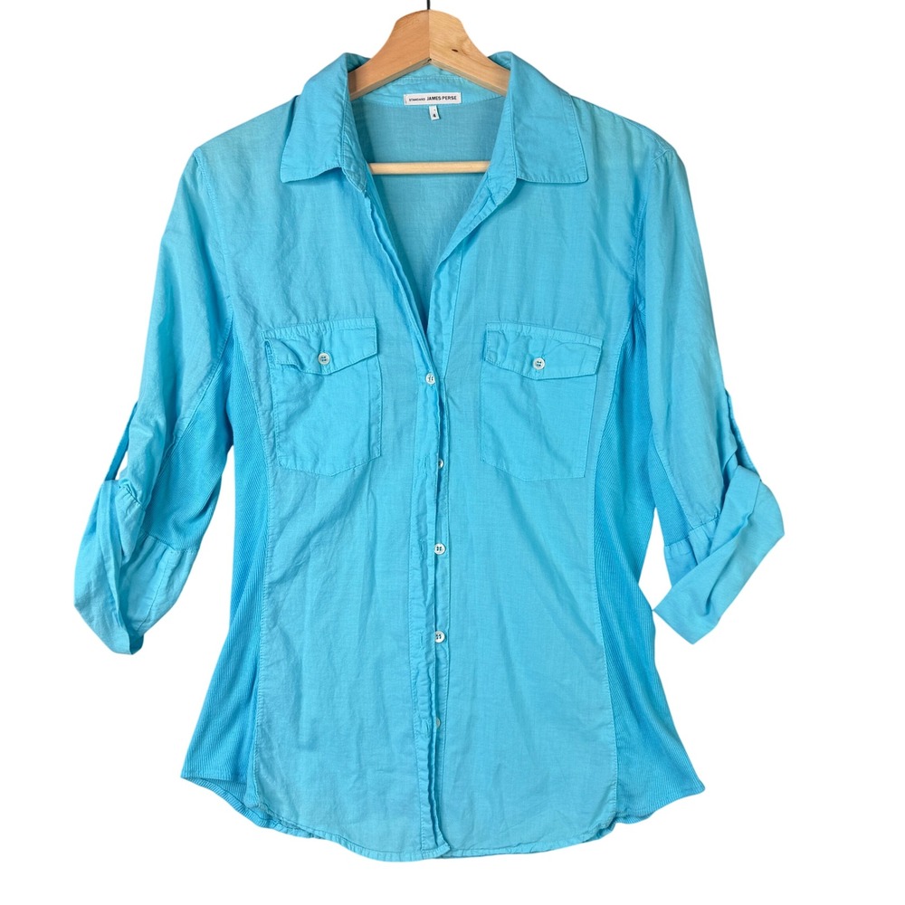 James Perse Mixed Media Button Up Shirt WLC3321 Cyan Blue Roll Tab Size 4